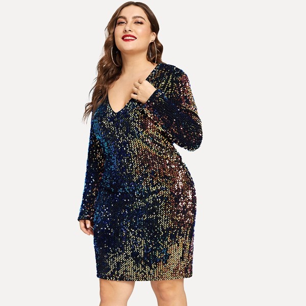 

Plus V Neck Iridescent Sequin Dress