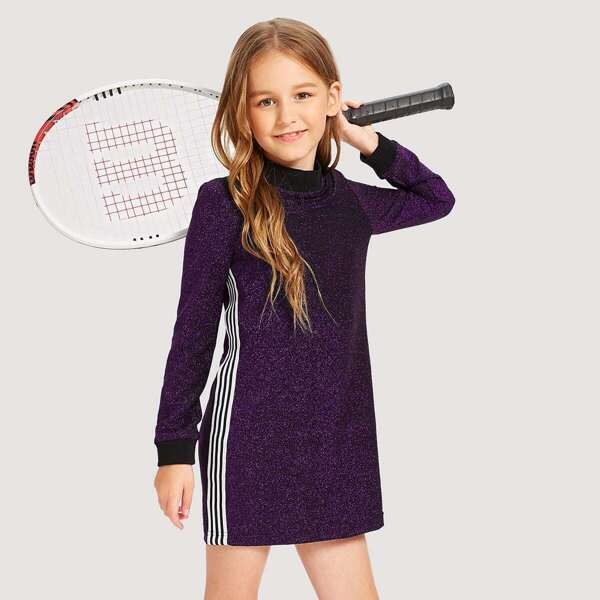 

Girls Striped Trim Glitter Mock-Neck Dress