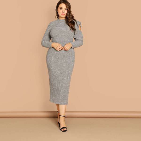 

Plus Ruffle Trim Heathered Knit Bodycon Dress