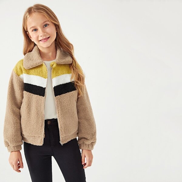 

Girls Zip Up Color-Block Teddy Jacket
