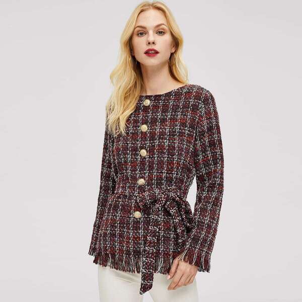 

Raw Hem Belted Tweed Coat