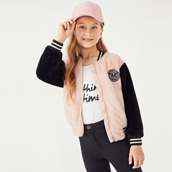 

Girls Patched Detail Striped Bomber Teddy Jacket