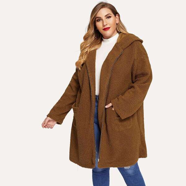 

Plus Zip Up Pocket Hoodie Teddy Coat