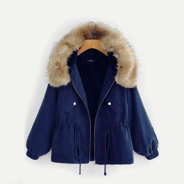 

Drawstring Waist Faux Fur Trim Hooded Parka Coat