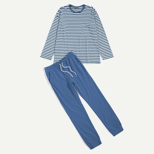 

Men Striped Tee & Drawstring Waist Pants Pajama Set