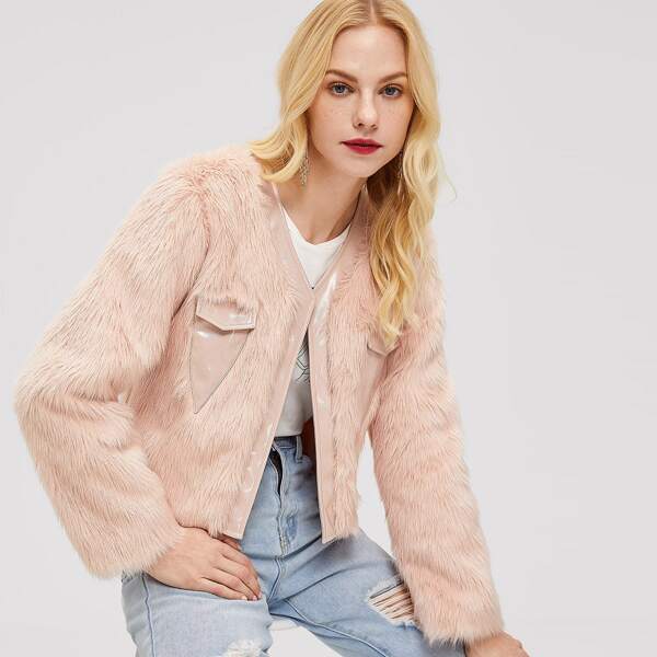 

Pocket Front Faux Fur Coat, Pink