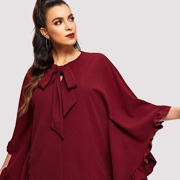

Tie Neck Ruffle Trim Poncho Coat