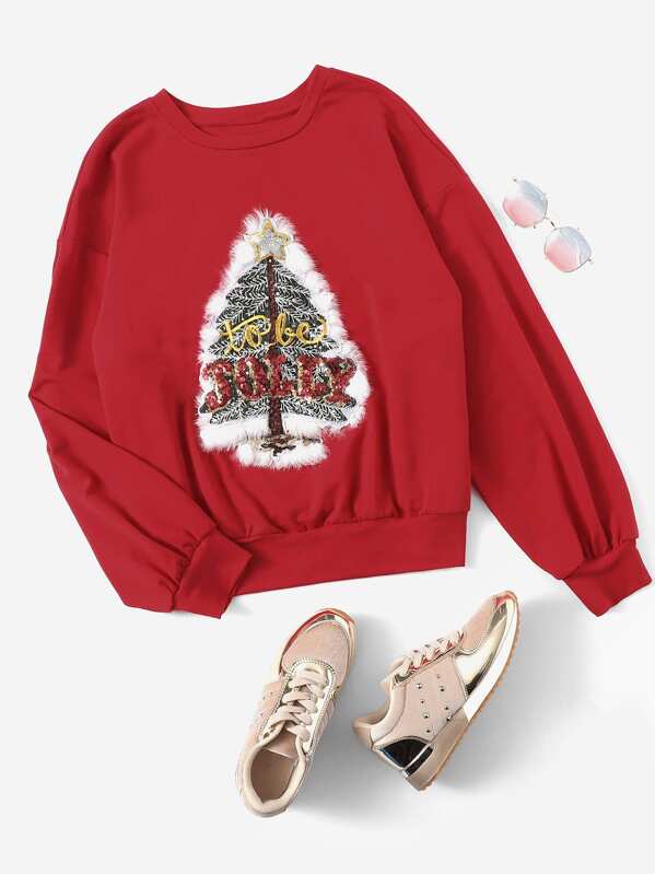 

Christmas New Year Sequin Tree Detail Sweatshirt, Red