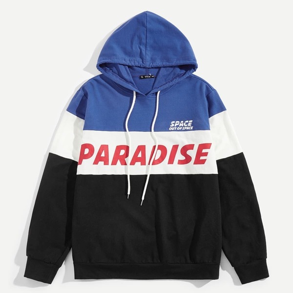 

Men Drawstring Color Block Letter Hoodie, Multicolor