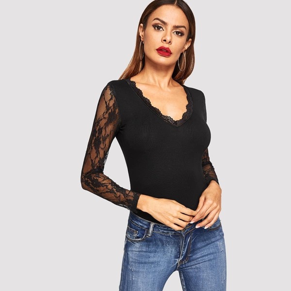 

Contrast Lace Sleeve & Neck Trim Solid Tee
