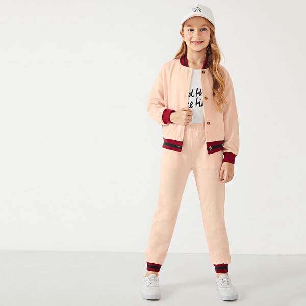 

Girls Striped Trim Buttoned Jacket & Pants Set