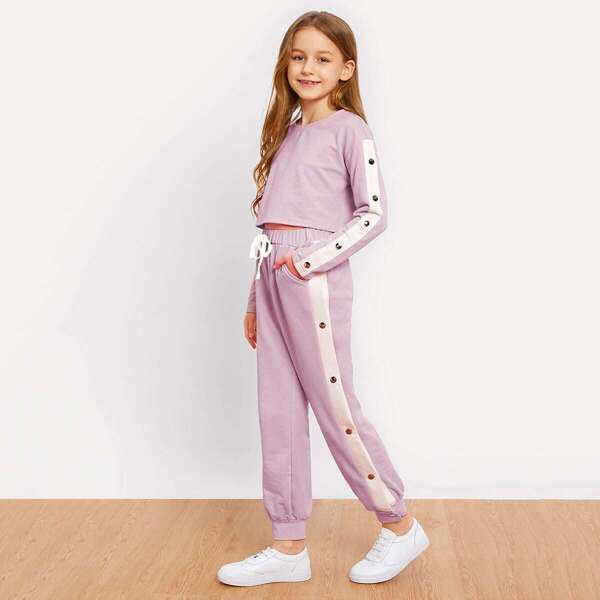

Girls Crop Pullover and Snap Button Pants Set, Purple