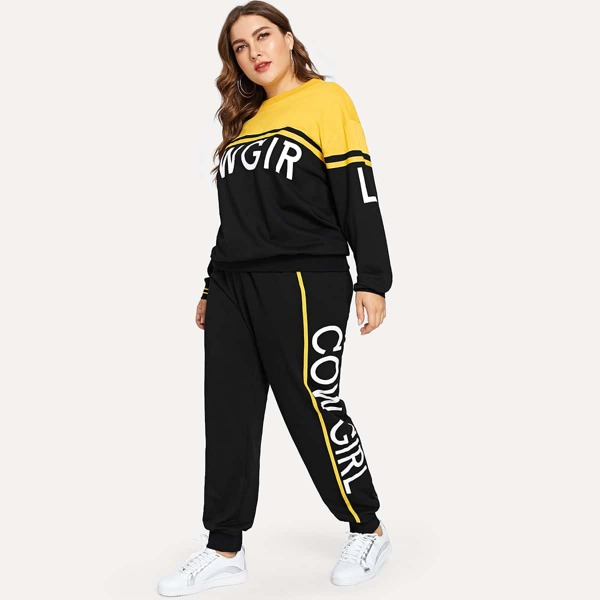 

Plus Color Block Letter Pullover & Pants Set
