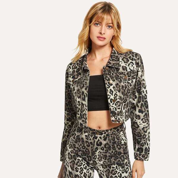 

Leopard Print Crop Buttoned Jacket, Multicolor