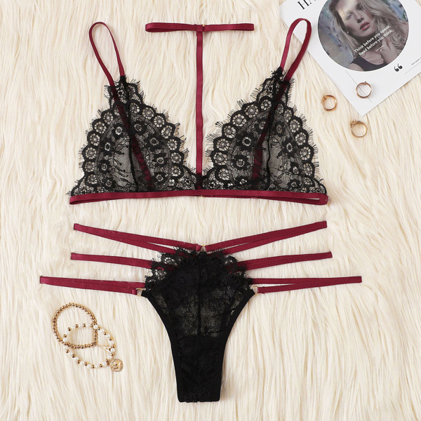 

Eyelash Lace Ladder Cut-out Lingerie Set With Choker