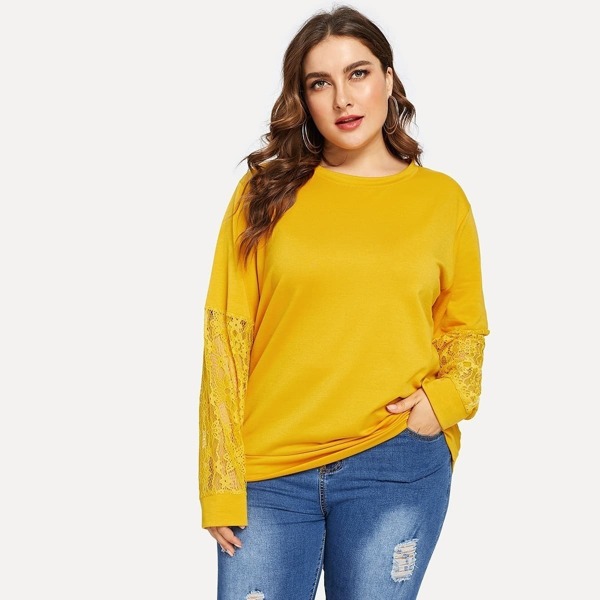 

Plus Round Neck Lace Sleeve Sweatshirt, Yellow
