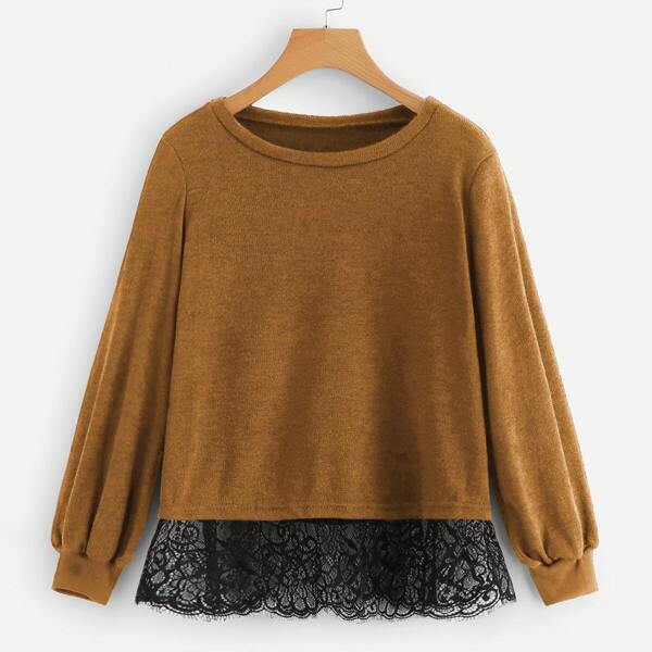

Contrast Lace Puff Sleeve Sweater, Brown