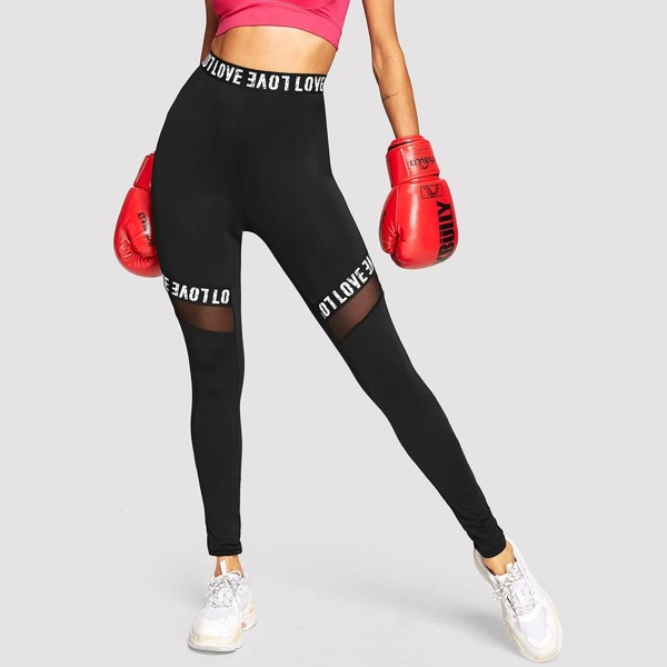 

Mesh Insert Letter Print Leggings