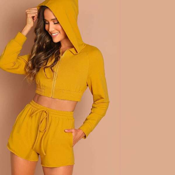 

Zip Up Crop Hoodie and Shorts Set