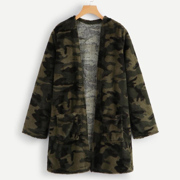 

Camo Print Open Front Teddy Coat