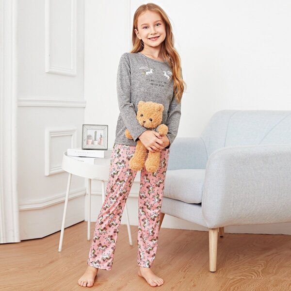 

Girls Unicorn & Letter Print Pajama Set, Multicolor