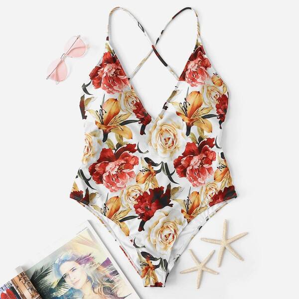 

Plus Floral Criss Cross Back One Piece Swimsuit, Multicolor