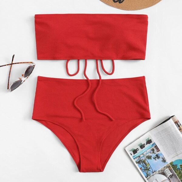 

Plus Ribbed Lace-up Bandeau With High Waist Bikini, Red