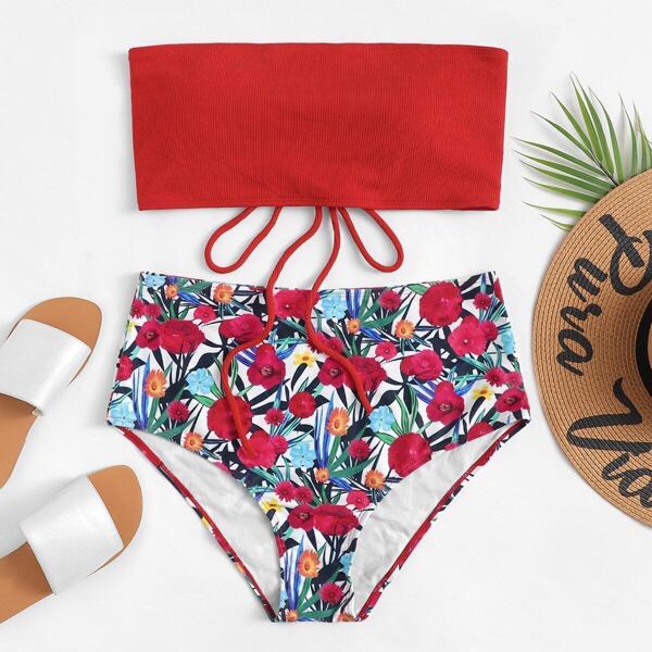 

Plus Lace-up Bandeau With Floral High Waist Bikini, Multicolor