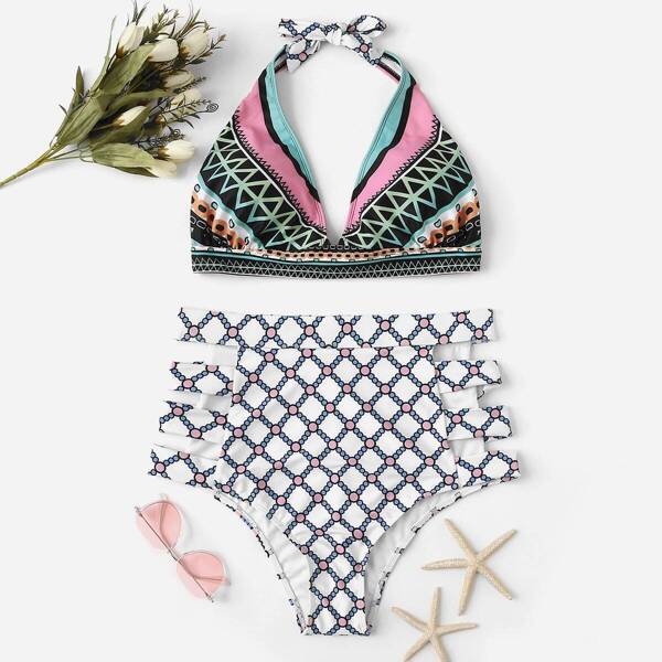 

Plus Geometric Halter Top With Ladder Cut-out Bikini Set