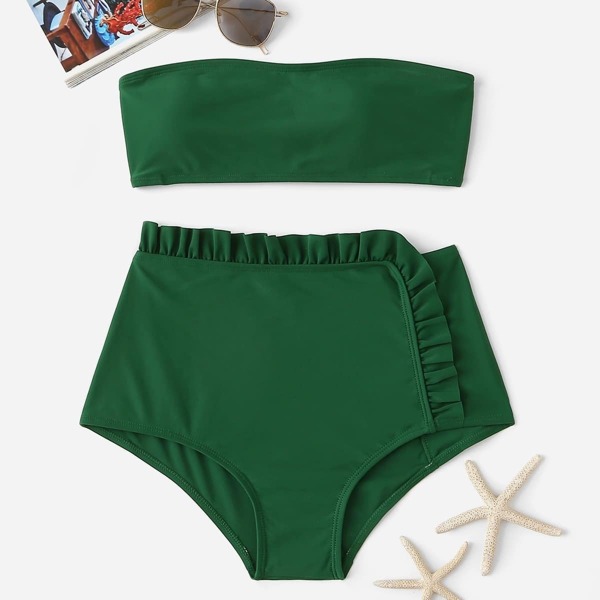 

Bandeau With Frill Trim High Waist Bikini Set