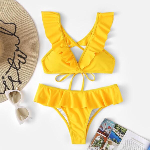 

Neon Yellow Tie Back Top With Flounce Bikini