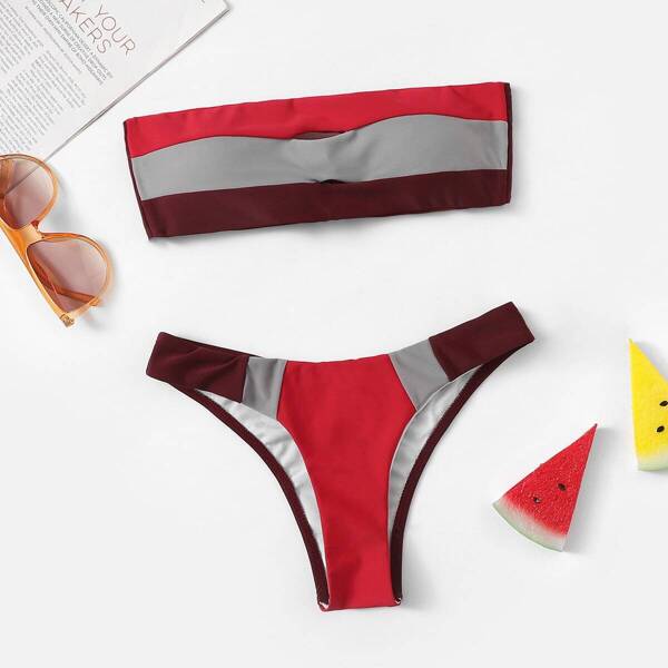 

Colorblock Tie Back Bandeau With High Cut Bikini