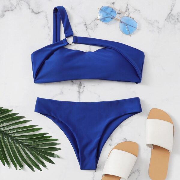 

One Shoulder Ring Linked Top With Low Rise Bikini