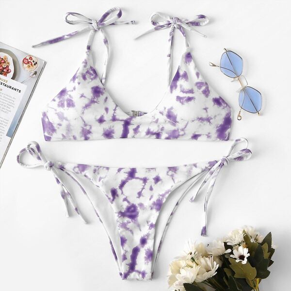 

Marble Print Top With Low Rise Bikini Set