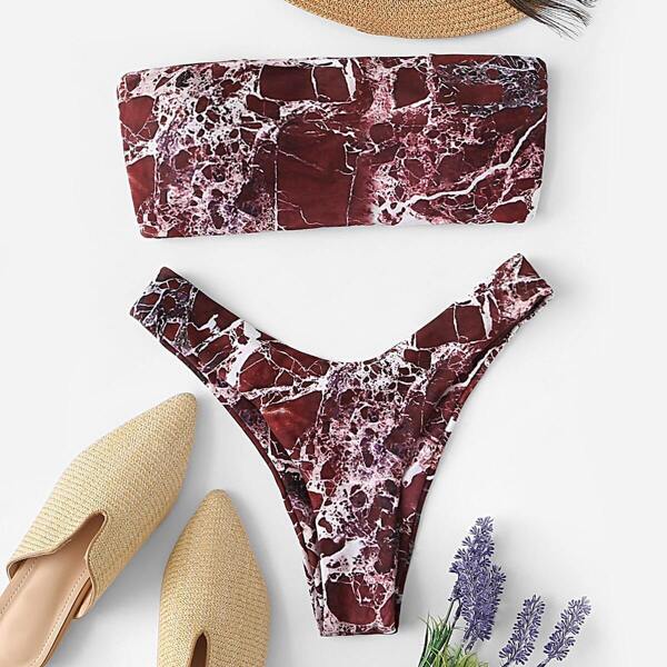 

Marble Print Bandeau With High Cut Bikini Set, Burgundy