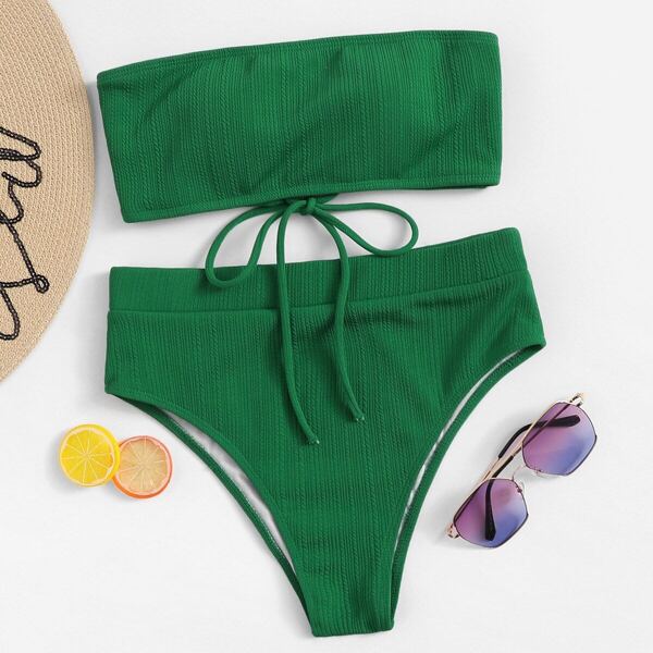 

Lace Up Rib-Knit Bandeau Bikini Swimsuit, Green