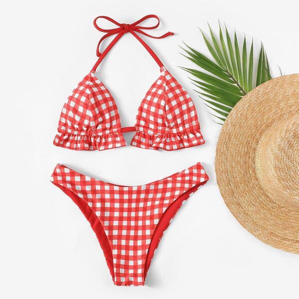 

Gingham Frill Trim Top With High Cut Bikini