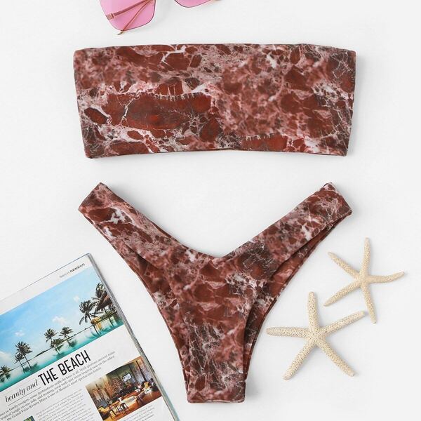

Marble Pattern Bandeau With High Cut Bikini Set