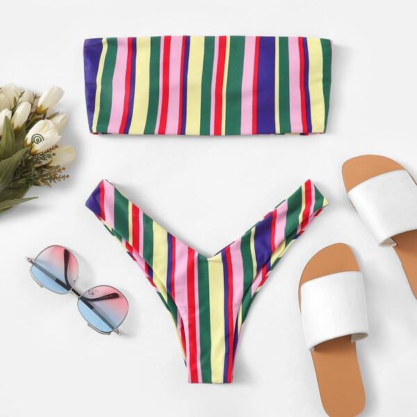 

Striped Bandeau With High Cut Bikini Set, Multicolor