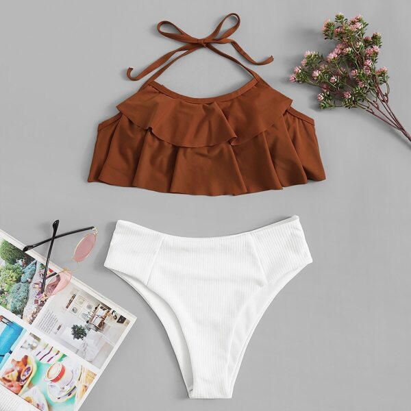 

Layered Ruffle Halter Top With Ribbed Bikini Set, Multicolor