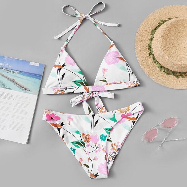 

Random Floral Triangle Halter Bikini Set