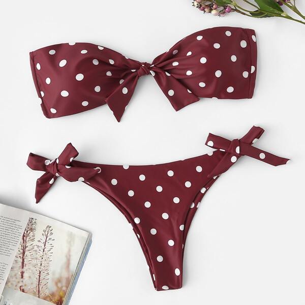 

Polka Dot Bandeau With Tie Side Bikini Set