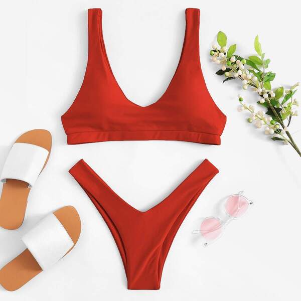 

Scoop Neck Top With High Cut Bikini Set