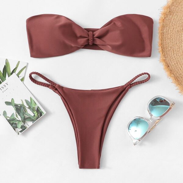 

Braided Detail Bandeau With Tanga Bikini Set, Brown