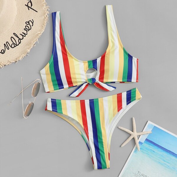 

Striped Knot Front Top With Panty Bikini Set, Multicolor