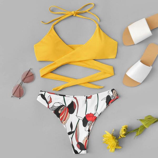 

Wrap Halter Top With Random Floral Bikini Set