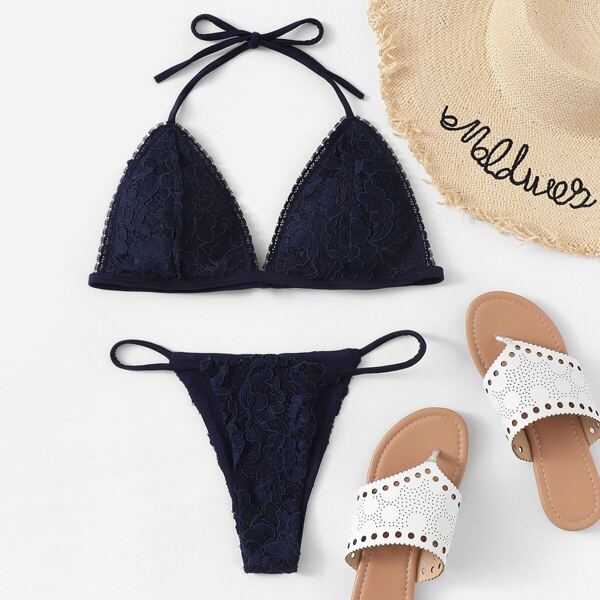

Lace Overlay Triangle Top With Tanga Bikini Set