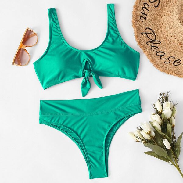 

Knot Front Top With High Waist Bikini Set