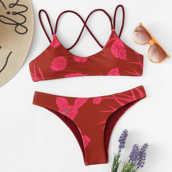 

Random Floral Strappy Bikini Set, Red