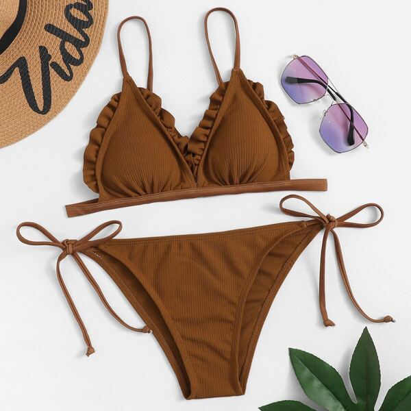 

Frill Trim Ribbed Top With Tie Side Bikini